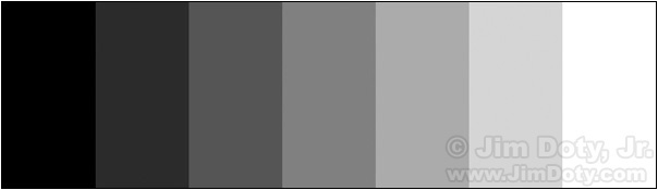 A 7 step gray scale with middle gray in the middle.