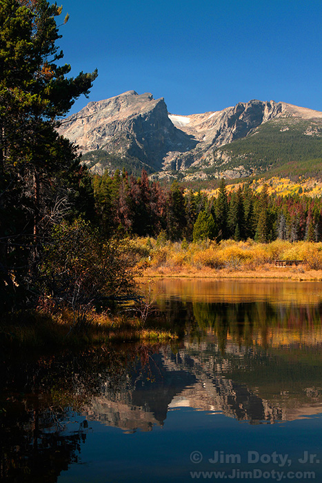 Sprague Lake, Hallett Peak, and Flattop Mountain. Rocky Mountain NAtional Park, Colorado.