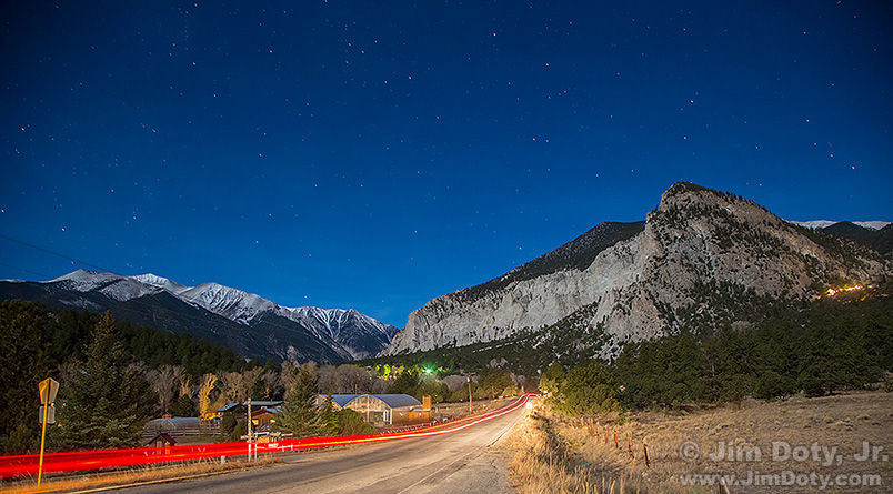 Mt. Antero and Mt. Princeton's Chalk Cliffs in the moonlight.