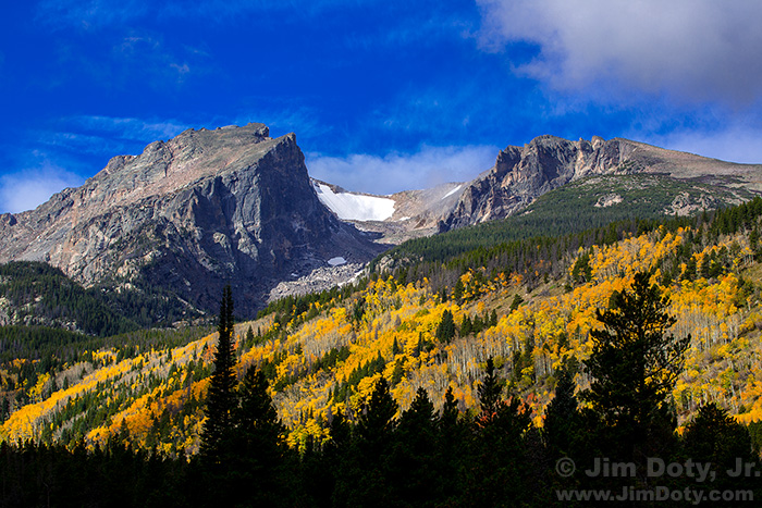 Hallet Peak, Tyndale Glacier, and Flattop Mountain from the Road to Bear Lake. Rocky Mountain National Park, Colorado.