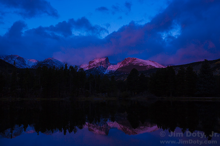 Dawn at Sprague Lake, looking west at Hallett Peak and Flattop Mountain