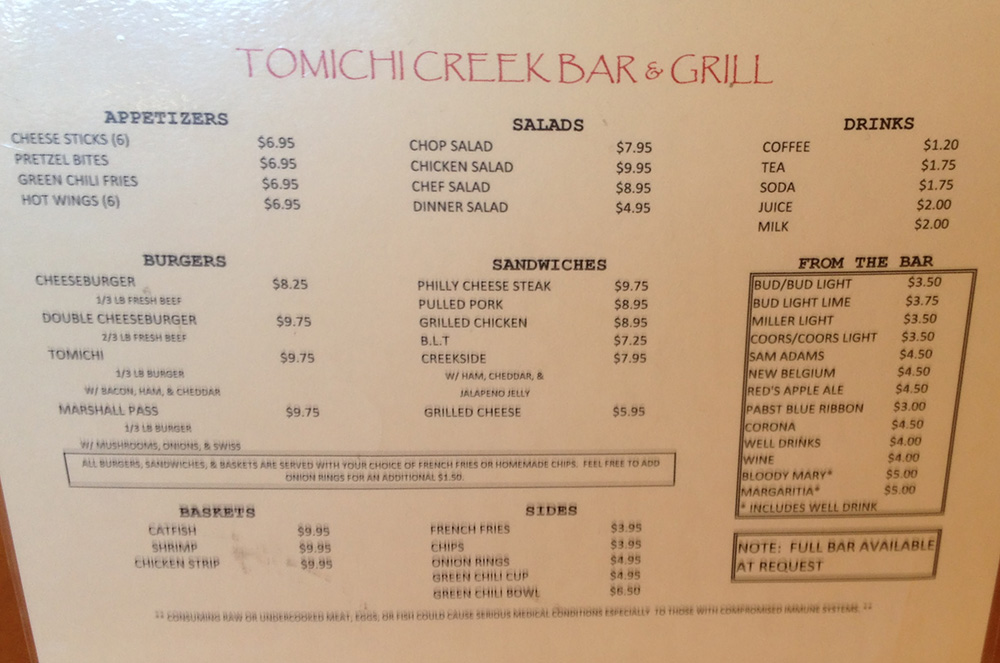 Menu, Tomichi Creek Bar and Grill, Sargents Colorado