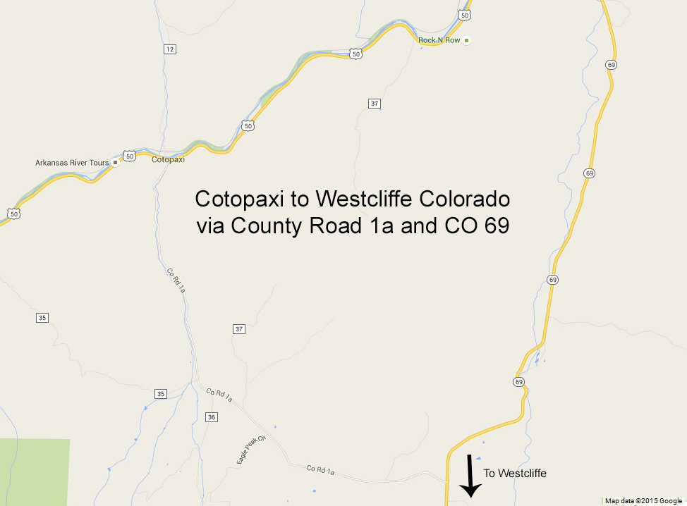 Cotopaxi to Westcliffe, Colorado via County Road 1a and CO 69. Click to see a larger version.