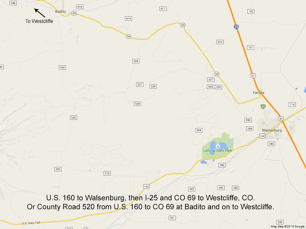 Alamosa to Westcliffe, Colorado via U.S. 160, I-25, and CO 69 with the County Road 520 short cut. Click to see a larger version.