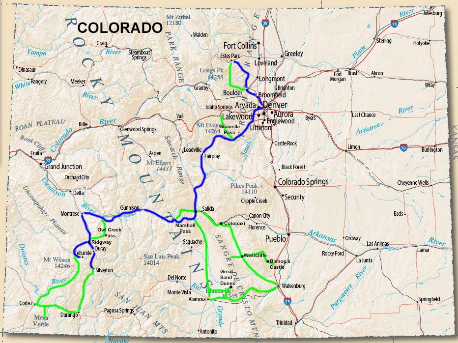 One week fall color trip in Colorado. (Two weeks with optional side trips.) Click to see a larger version.