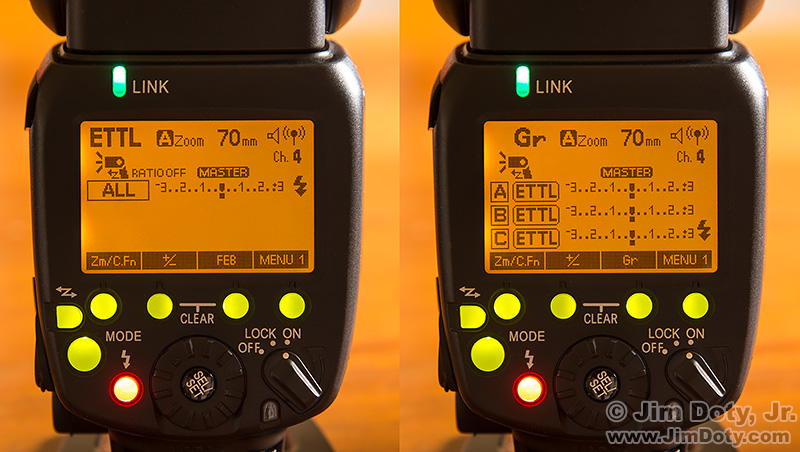 The LCD panels on two Yongnuo 600 EX-RT Speedlites.