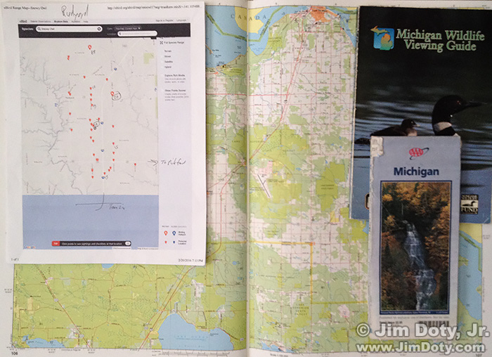 Printed map from eBird, Michigan Atlas and Gazetteer (open), Michigan Wildlife Viewing Gide, and Michigan highway map.