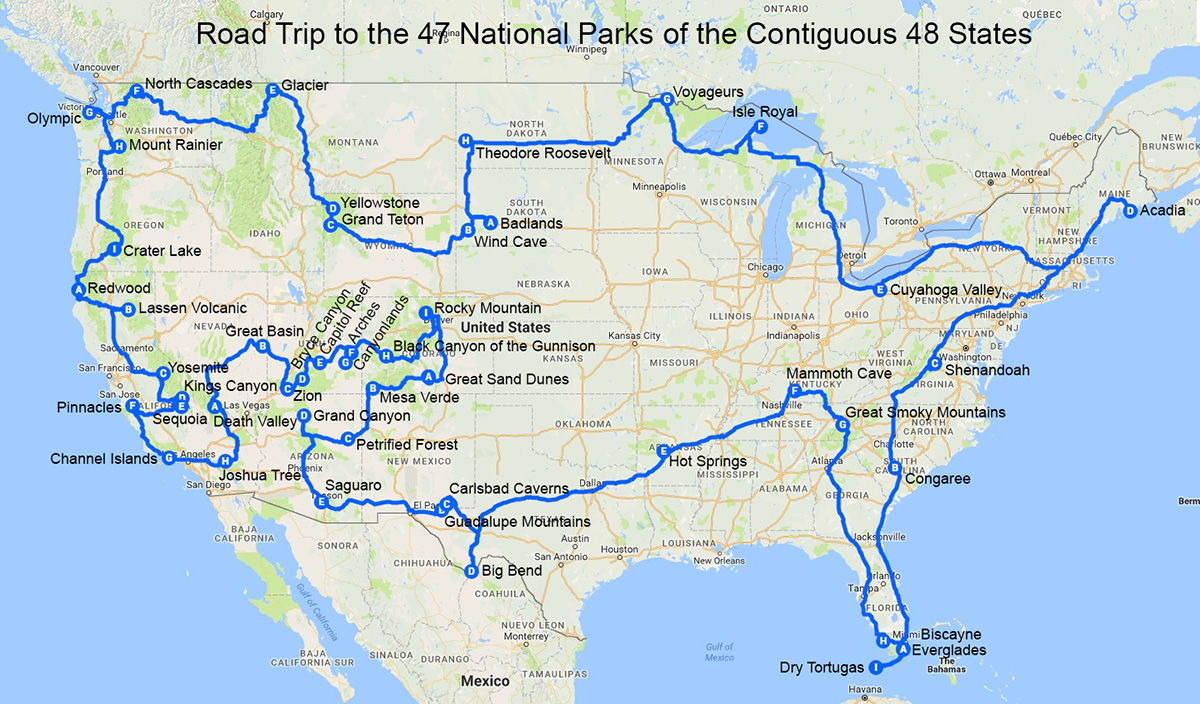 Travel Route to 47 U.S. National Parks by Travis Tamez. Click for a larger version.