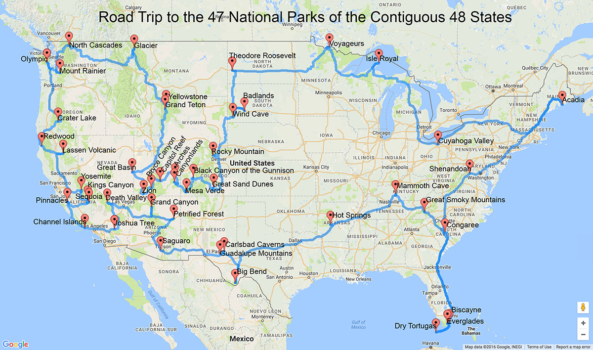 A road trip to the national parks in the lower 48 states. Click for a larger version.
