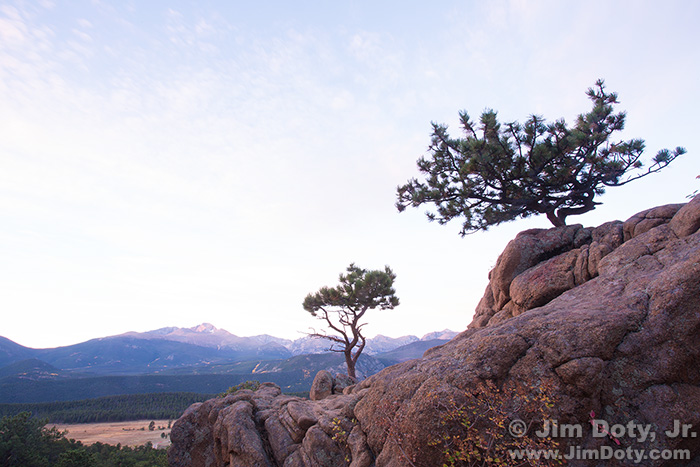 Dawn, scenic overlook. Rocky Mountain National Park, Colorado. Exposure for the rocks..