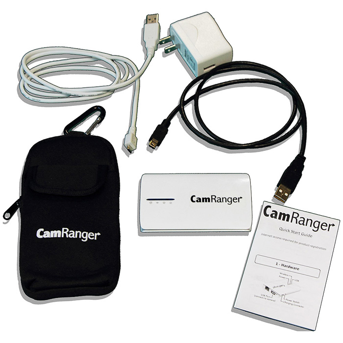 CamRanger and included charger, cables, case, and instructions.