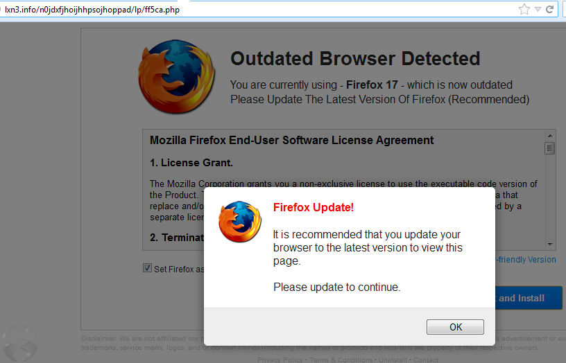 Fake Firefox update notice.    