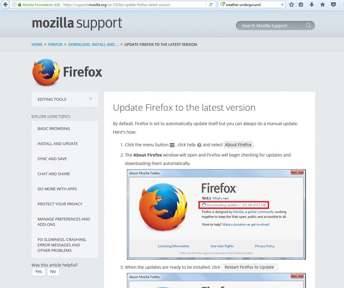 Mozilla instructions for checking if Firefox is up to date.