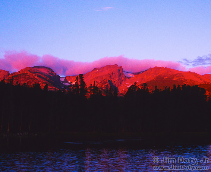 Sprague Lake, Alpenglow on the Peaks, Rocky Mountain National Park, Colorado