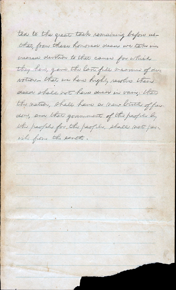 Gettsyburg Address, first draft, page 2, handwritten by Abraham Lincoln. Click to see a larger version.