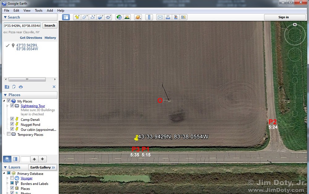 Google Earth satellite map with the location of the owl on the utility pole (red "O") and the photo locations for the three images in this article (P1, P2, and P3).